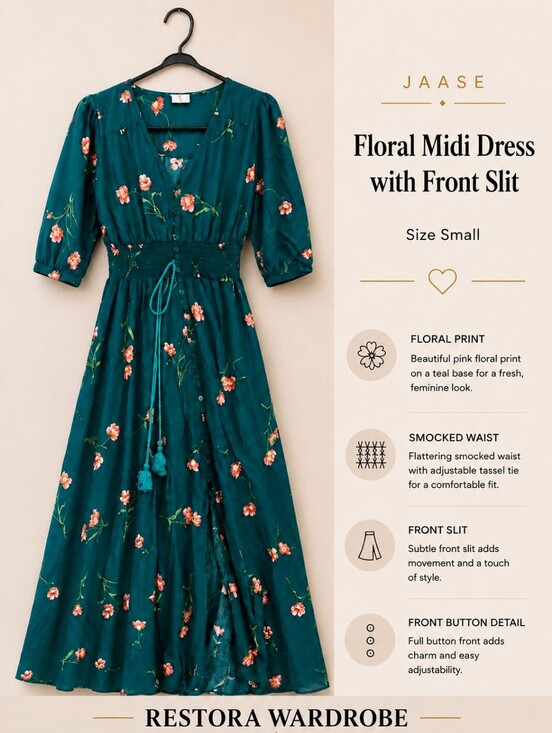 Jaase Dresses & Skirts - Jaase Teal Floral Maxi Dress Size S Smocked Waist High Low Boho
